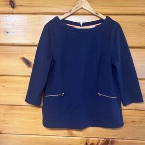 Boden Sz 10 Navy Cotton Ribbed Knit Top 3/4 Sleeve Gold Zipper Pockets Blouse